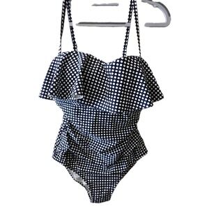 Kona Sol Women's One Piece Swimsuit M Navy Polka Dot Ruffle Bust Ruched Tummy...